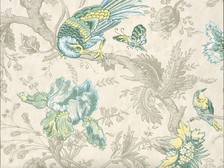 Little Greene Crowe Hall Lane - Paradise behang met beige bloemen en bladeren met blauwe vogels