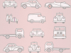 Little Greene behang Road Trip Confetti met auto,s en vrachtauto's