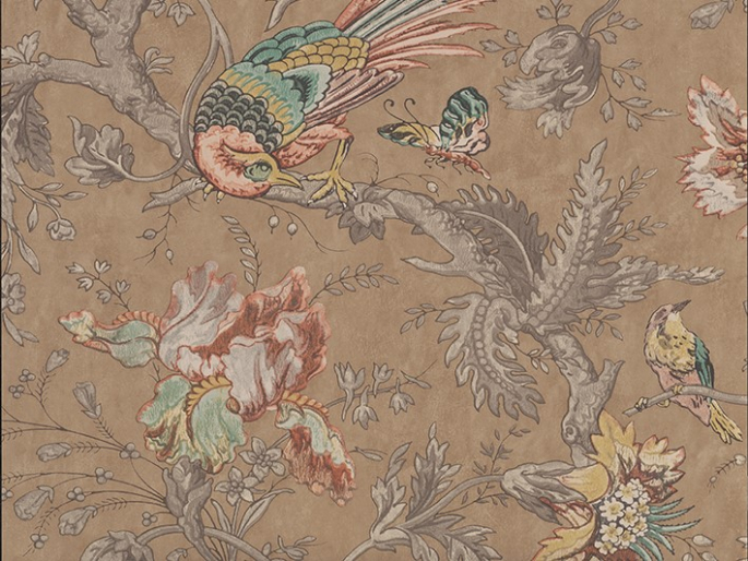 Crowe Hall Lane - Reade vogelbehang met bruine tinten en oranje bloemen van Little Greene